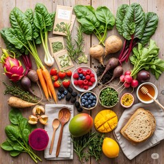 Fresh organic produce and whole grain bread promoting healthy eating