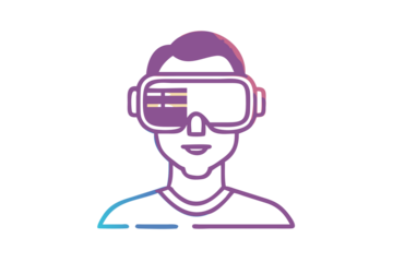 Futuristic person wearing a glowing virtual reality headset with a digital interface
