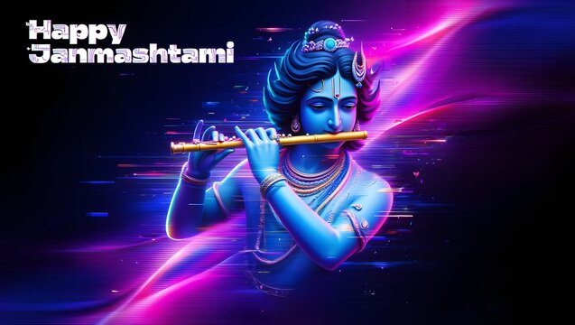 Lord krishna playing the flute, a divine representation of hindu mythology, symbolizing spirituality, music, and the joyous celebration of janmashtami