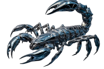 A striking metallic scorpion with reflective features and a fierce pose, showcasing its intricate details.