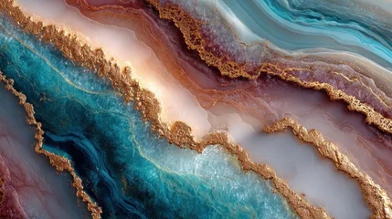 Acrylglasbilder Kristalle Beautiful abstract agate texture with golden accents and vibrant teal, pink, and white marbling  © SaroStock