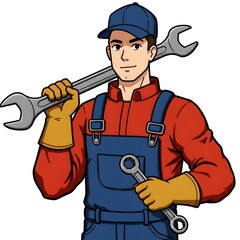Cartoon mechanic holding wrenches on his shoulders, ready for automotive repair service