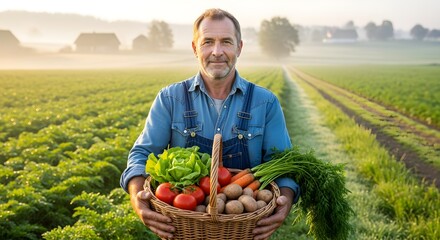 "Farmer holding basket of fresh produce in rural field"