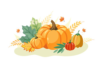 Autumn harvest arrangement with pumpkins and colorful fall leaves on a black background