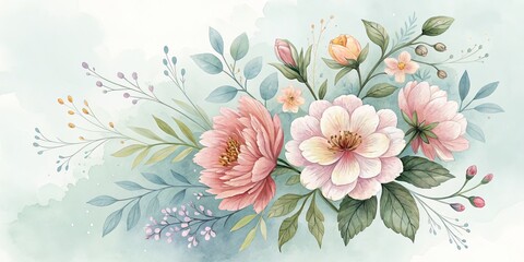 Watercolor Floral Arrangement Pink and White Blooms, Greenery, Botanical Art , Floral Design