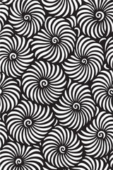 Abstract black and white swirling floral pattern with a hypnotic optical illusion effect creating a sense of movement and depth