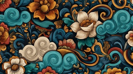 An intricate floral and wave pattern unfolds in warm and cool tones, creating a dynamic and visually rich composition with a sense of organic movement and depth.