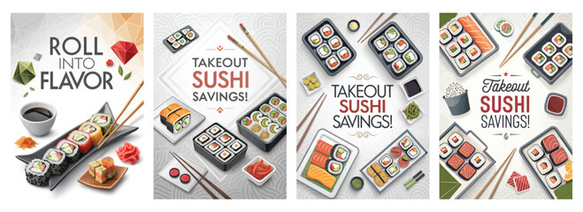 Colorful sushi takeout menu showcasing various sushi rolls and platters with chopsticks.
