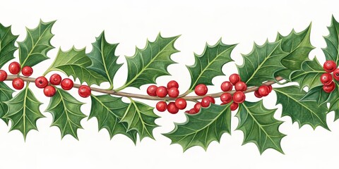 Watercolor Holly Border with Red Berries and Green Leaves, Christmas, festive