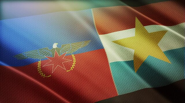 The diagonal and stitched-aligned combined  Arakan Army and Tatmadaw flags are waving in the wind. Concept of Strategic negotiation, national relationship, Conflict, and War. 