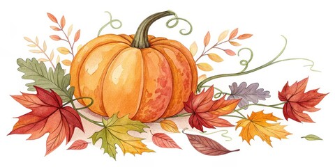 Watercolor Pumpkin with Autumn Leaves Arrangement, Fall ,Harvest
