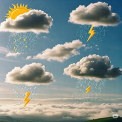 Different weather conditions showing rain, sun and lightning