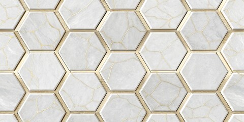 White Marble Hexagon Tiles with Gold Veins and Trim, Texture ,Kintsugi