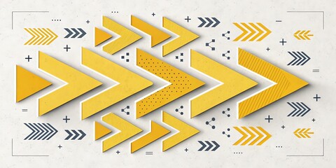 Yellow Arrows Pattern with Graphic Elements on White Textured Background, Direction , Abstract