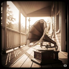 Old gramophone playing music on porch of wooden house