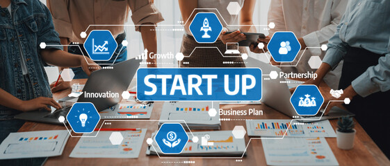 Analyst team utilizing BI Fintech to analyze and pointing at financial dashboard paper office. Businesspeople examining report paper on table for business insight. Panorama shot. Scrutinize Amity