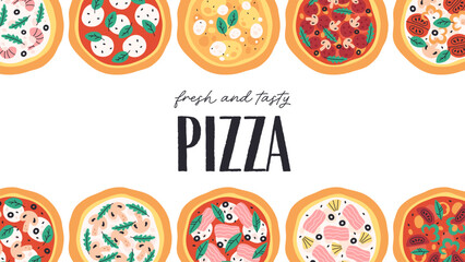 Hand drawn Italian pizza design for banner, background, card, poster, menu. Vector illustration in trendy flat style