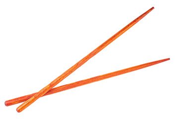 Pair of wooden chopsticks isolated on a white background, top view.