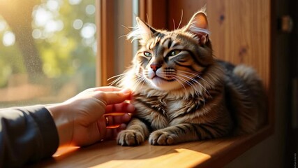 Gentle hand pets contented fluffy cat napping peacefully by sunlit window, capturing tender pet owner bond and cozy domestic bliss. - Powered by Adobe