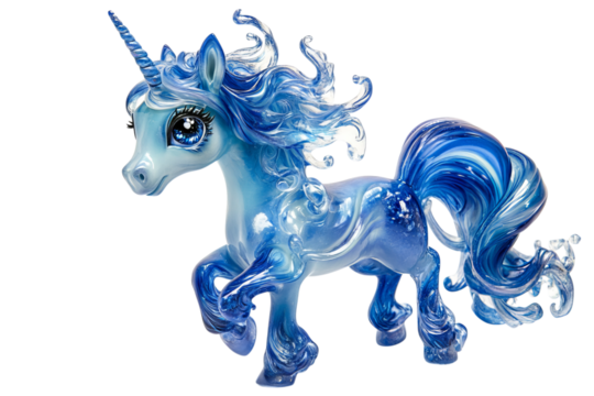A whimsical blue unicorn toy with flowing hair, sparkling eyes, and a vibrant mane.