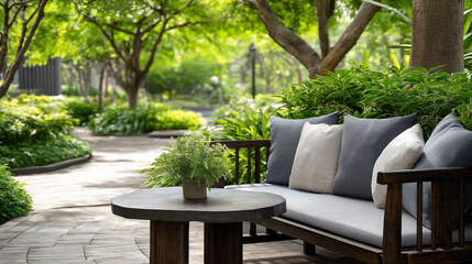 Relaxing Garden Rest Area with Soft Seating and Ambient Lighting