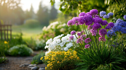Obraz premium Colorful Garden Blooms Illuminated by Gentle Light