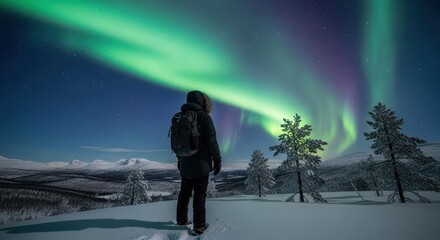 Fototapeta premium Male backpacker observing northern lights in snowy landscape at night