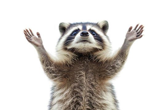 Curious raccoon with raised paws, showcasing its playful demeanor. - Powered by Adobe