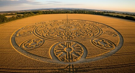 Intricate crop circle design in golden wheat field at sunset