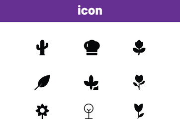 Collection of nine black nature and food icons on white