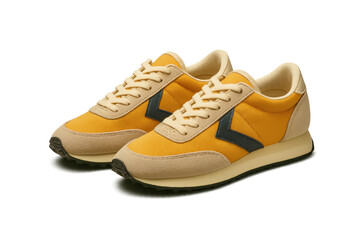 Pair of yellow retro sneakers with cream laces on transparent background