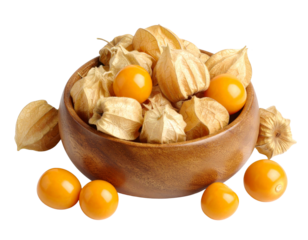 Fresh physalis golden berries in wooden bowl isolated on transparent background