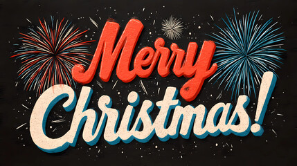 A festive Christmas card featuring Merry Christmas text with dazzling fireworks in the background, perfect for holiday greetings and celebrations. The vibrant design captures the joyful spirit of the