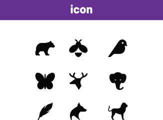 Nine black animal icons on white background bear bird