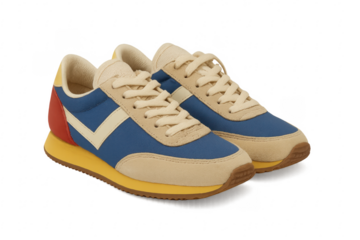 Pair of blue, beige and red retro sneakers isolated on transparent background