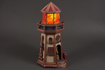 Miniature model lighthouse with lit windows on dark backdrop