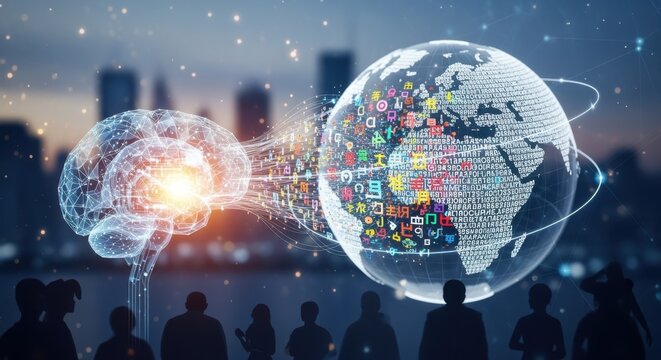 A conceptual illustration of artificial intelligence reshaping global communication by standardizing diverse languages symbolizing the shift in influence and redistribution of