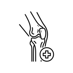 Anatomical illustration of a human knee joint with a medical cross symbol, isolated on white background, representing healthcare and orthopedic care