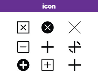 Set of nine black and white geometric icons with plus and minus symbols