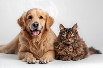 Fototapeta premium Golden Retriever dog and cat on a white background. Studio photo.