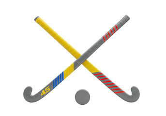 Isolated Hockey Sticks and Puck for Ice Hockey Game