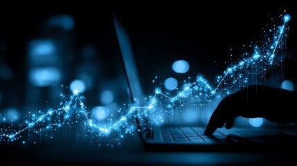 A silhouetted hand interacts with a laptop, overlaid with a vibrant network of glowing blue lines and points, symbolizing data connection and digital innovation.