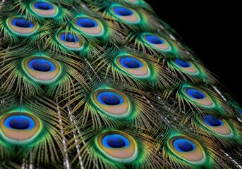 Obraz premium Closeup of vibrant peacock feathers displaying intricate eyes and iridescent colors