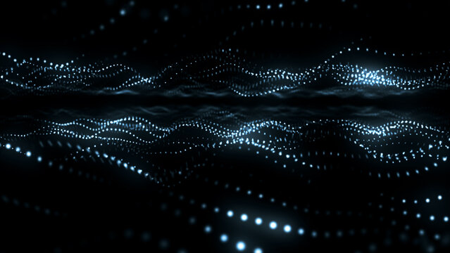 Abstract loopable 4k motion waving dots texture with glowing defocused particles in night. Cyber or technology digital landscape background.