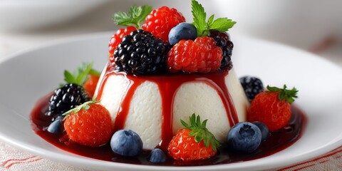 Obraz premium Deliciously Creamy Panna Cotta with Fresh Berry Coulis for Stunning Food Photography Inspiration