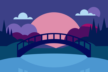 flat bridge over calm river dusk