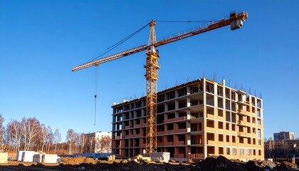 A large tower crane lifts materials at a new apartment building construction site under a clear sky