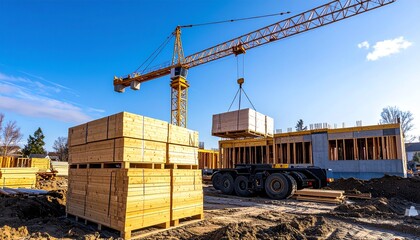 Fototapeta premium A large tower crane lifts materials at a new apartment building construction site under a clear sky