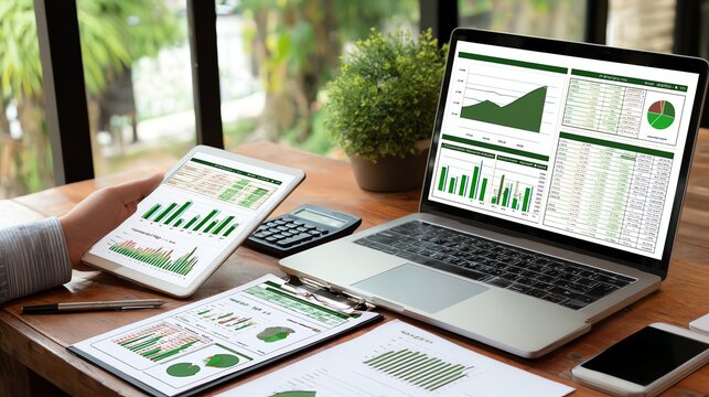 A focused professional analyzes financial data displayed across multiple screens, utilizing charts and calculations to assess performance and inform strategic decisions in a modern workspace.