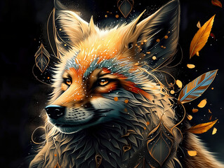 Majestic Fox Head Surrounded by Artistic Leaves in a Mystical Setting background vector illustration with color vibrant details
